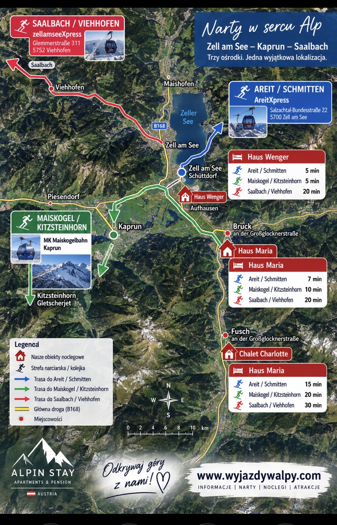 Poglądowa mapa regionu Kaprun – Zell am See – Saalbach z zaznaczonymi obiektami Haus Maria, Haus Wenger i Chalet Charlotte